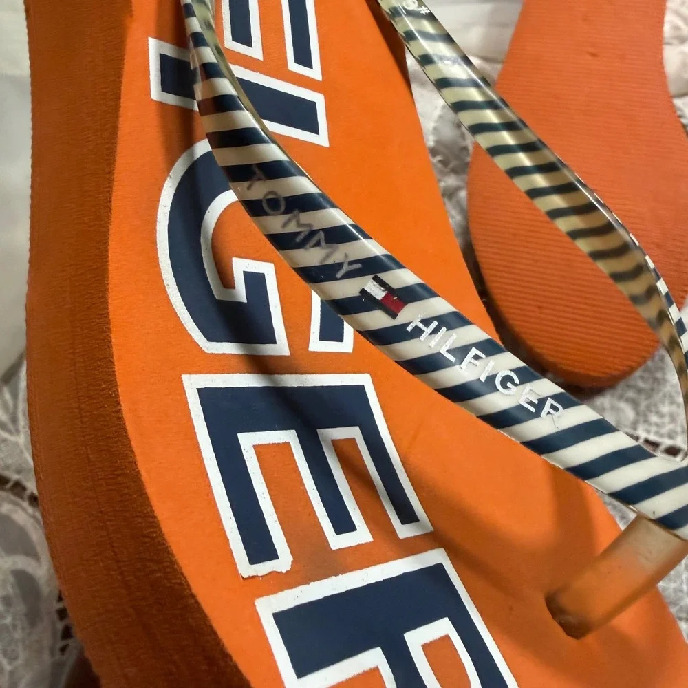 Y2K Wedge Tommy Hilfiger Orange Platform Wedge Flip Flops Striped Straps 9